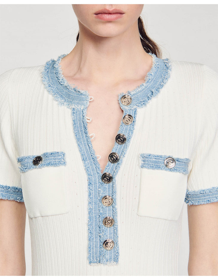 Cream ribbed knit dress with contrast blue denim-style trim and gold button detailing at front and chest pockets — Sandro | Endless UAE