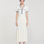 Ivory ribbed knit maxi dress with light blue denim-style trim, chest pockets, short sleeves and button front detail — Sandro | Endless UAE