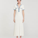 Ivory ribbed knit maxi dress with light blue denim-style trim, chest pockets, short sleeves and button front detail — Sandro | Endless UAE