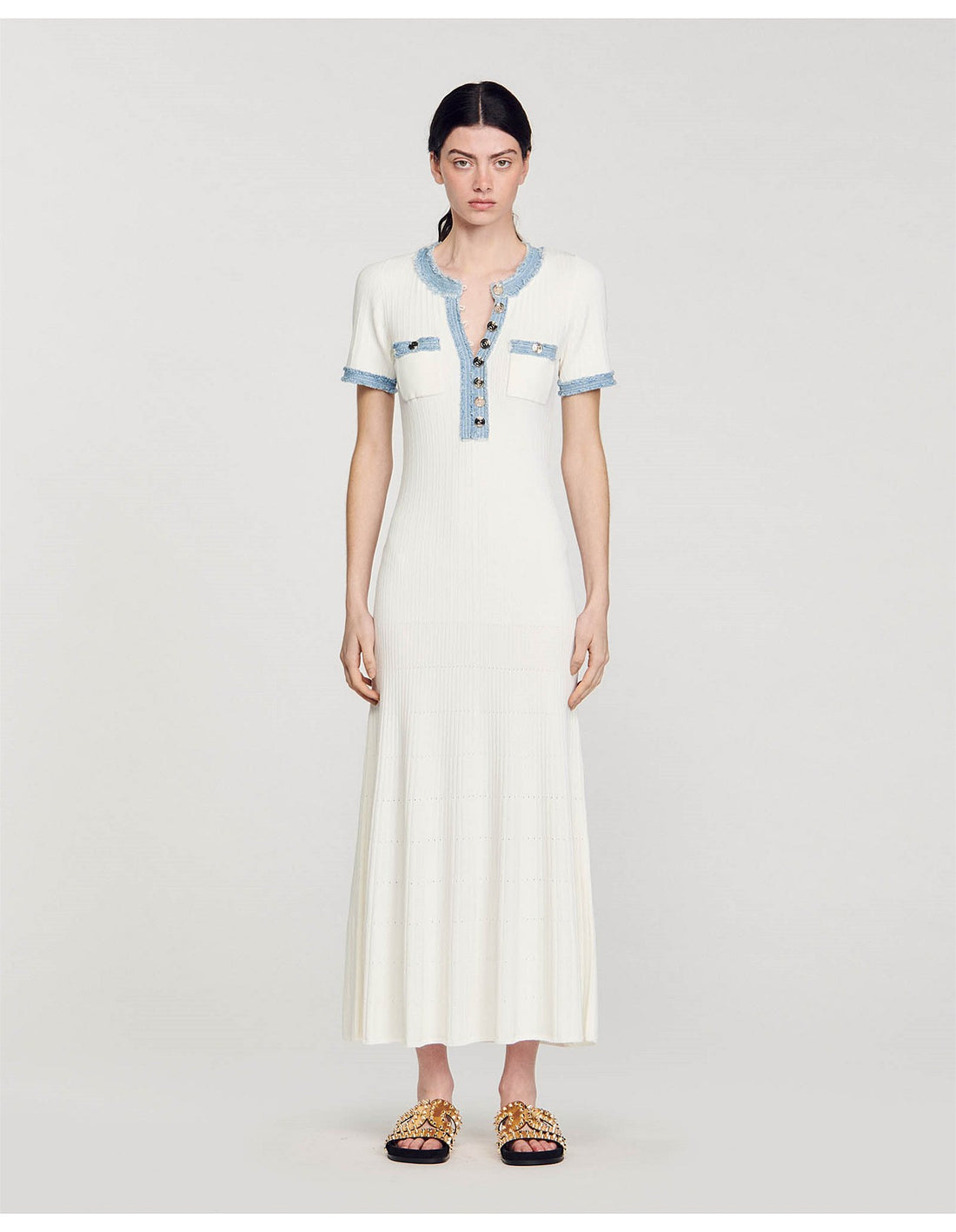 Ivory ribbed knit maxi dress with light blue denim-style trim, chest pockets, short sleeves and button front detail — Sandro | Endless UAE