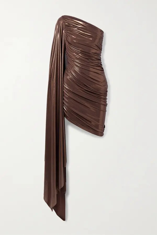 Bronze metallic one-shoulder draped ruched mini dress — Norma Kamali | Endless UAE