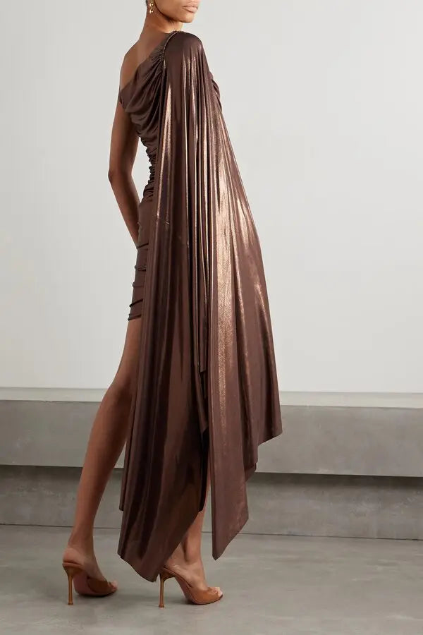 Bronze metallic one-shoulder draped ruched mini dress — Norma Kamali | Endless UAE