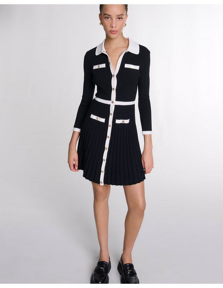 Black knit cardigan dress with white contrast trim, collar, pleated skirt and button-front closure — Maje | Endless UAE