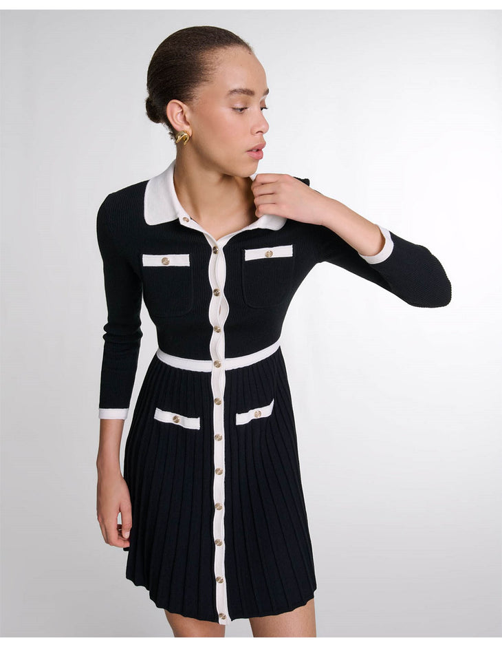 Black ribbed knit button-front dress with white contrast trim and gold buttons — Maje | Endless UAE