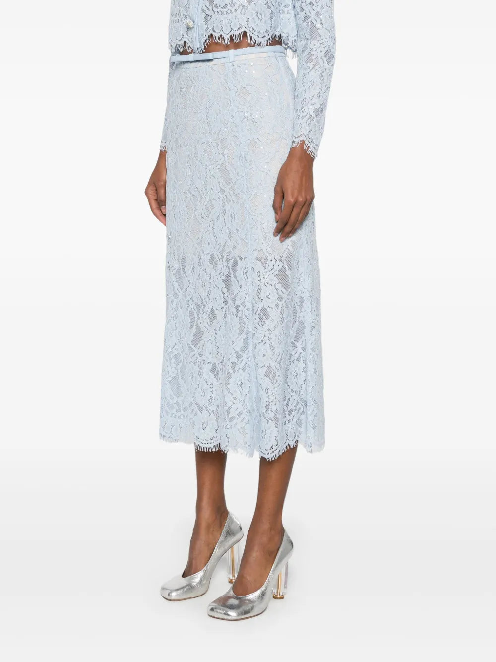 Light blue lace flared midi skirt with frayed hem detail, paired with silver metallic heels — Self-Portrait | Endless UAE