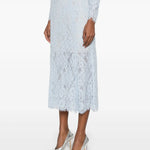 Light blue lace flared midi skirt with frayed hem detail, paired with silver metallic heels — Self-Portrait | Endless UAE