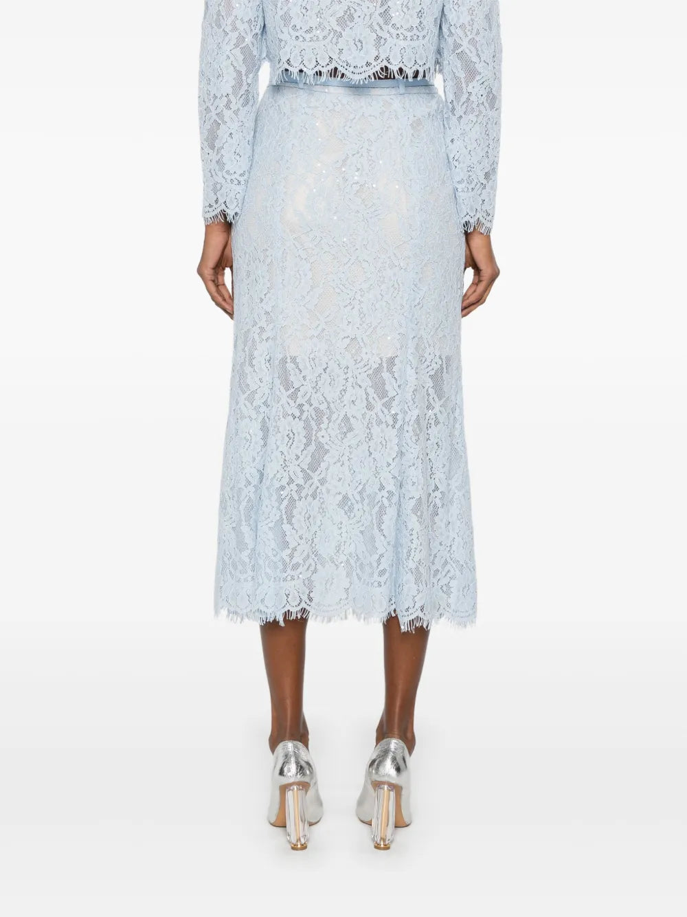 Light blue lace midi skirt with flared hem and intricate floral pattern, shown from back view with silver heels — Self-Portrait | Endless UAE