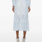 Light blue lace midi skirt with flared hem and intricate floral pattern, shown from back view with silver heels — Self-Portrait | Endless UAE