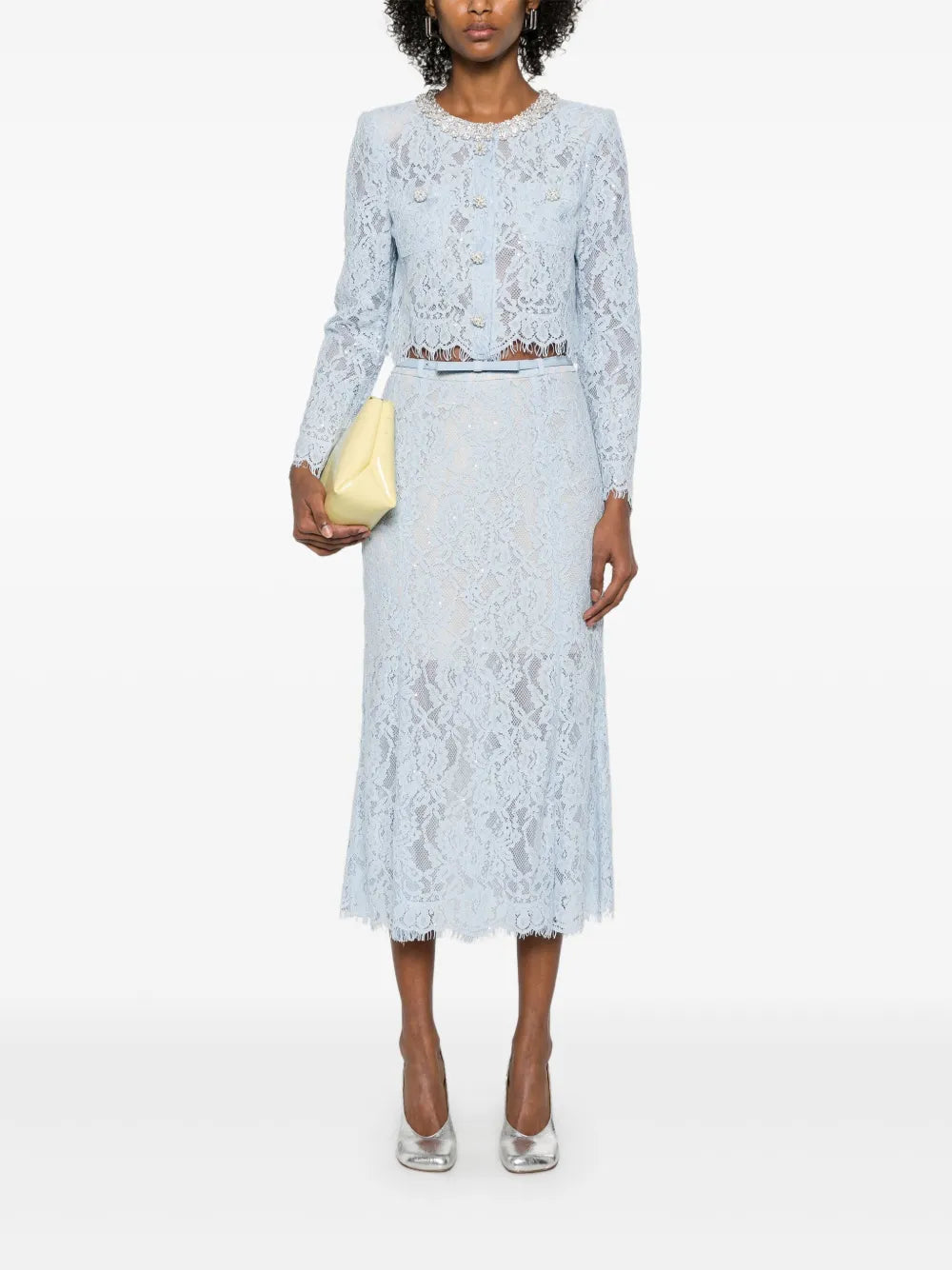 Light blue floral lace midi skirt with flared silhouette and scalloped hem — Self-Portrait | Endless UAE