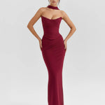 Burgundy mesh two-piece gown with choker neckline and ruched bodycon silhouette — Almond Muse | Endless UAE