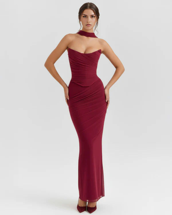 Burgundy mesh two-piece gown with choker neckline and ruched bodycon silhouette — Almond Muse | Endless UAE