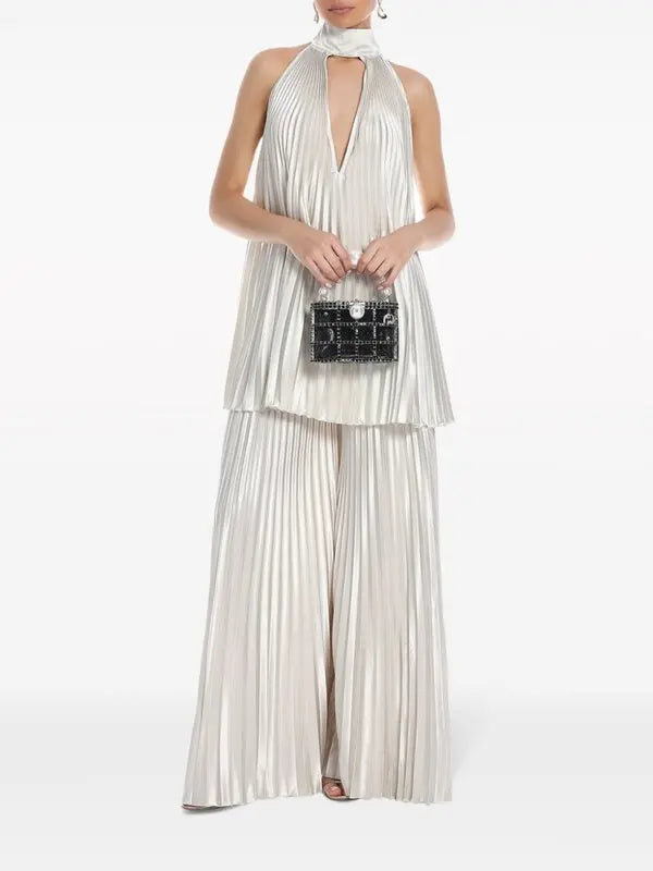 Pleated white halter dress and pants set with black embellished clutch — L'IDÉE | Endless UAE