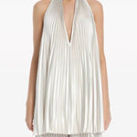Pleated white halter dress and pants set with black embellished clutch — L'IDÉE | Endless UAE