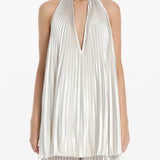 Pleated white halter dress and pants set with black embellished clutch — L'IDÉE | Endless UAE
