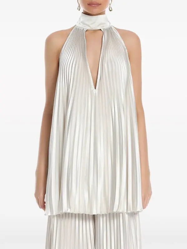 Pleated white halter dress and pants set with black embellished clutch — L'IDÉE | Endless UAE
