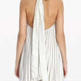 Pleated white halter dress and pants set with black embellished clutch — L'IDÉE | Endless UAE
