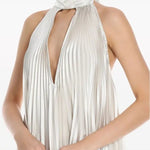 Pleated white halter dress and pants set with black embellished clutch — L'IDÉE | Endless UAE