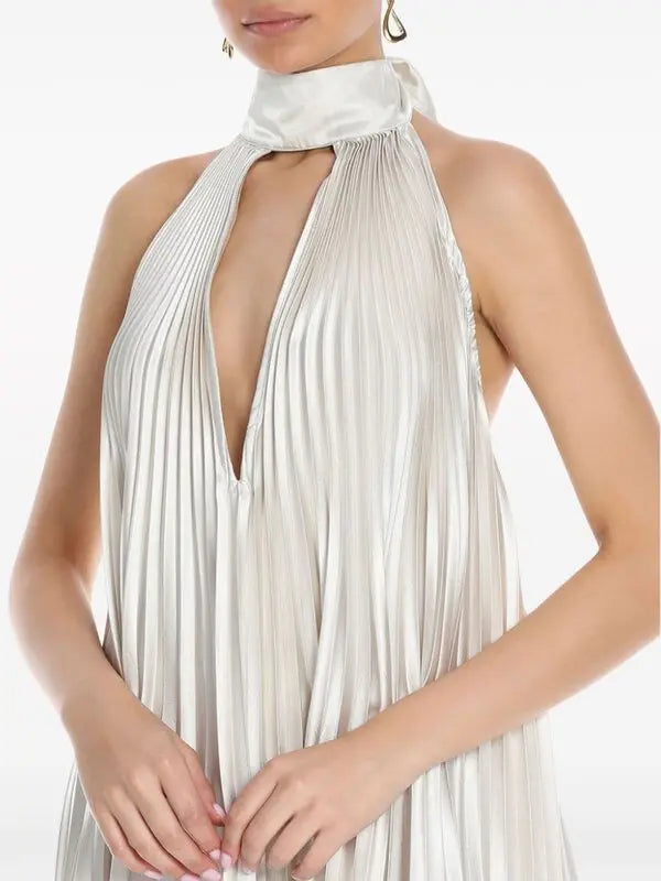 Pleated white halter dress and pants set with black embellished clutch — L'IDÉE | Endless UAE