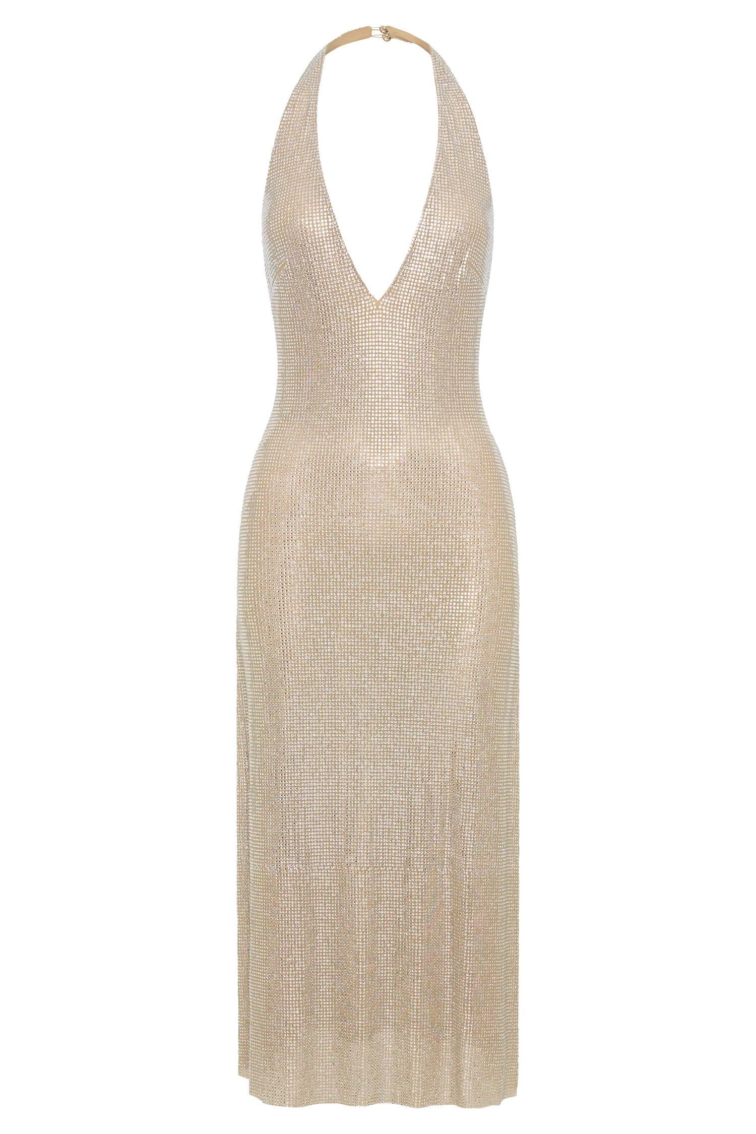 Champagne sequin halter midi dress with plunging neckline — Endless | Endless UAE