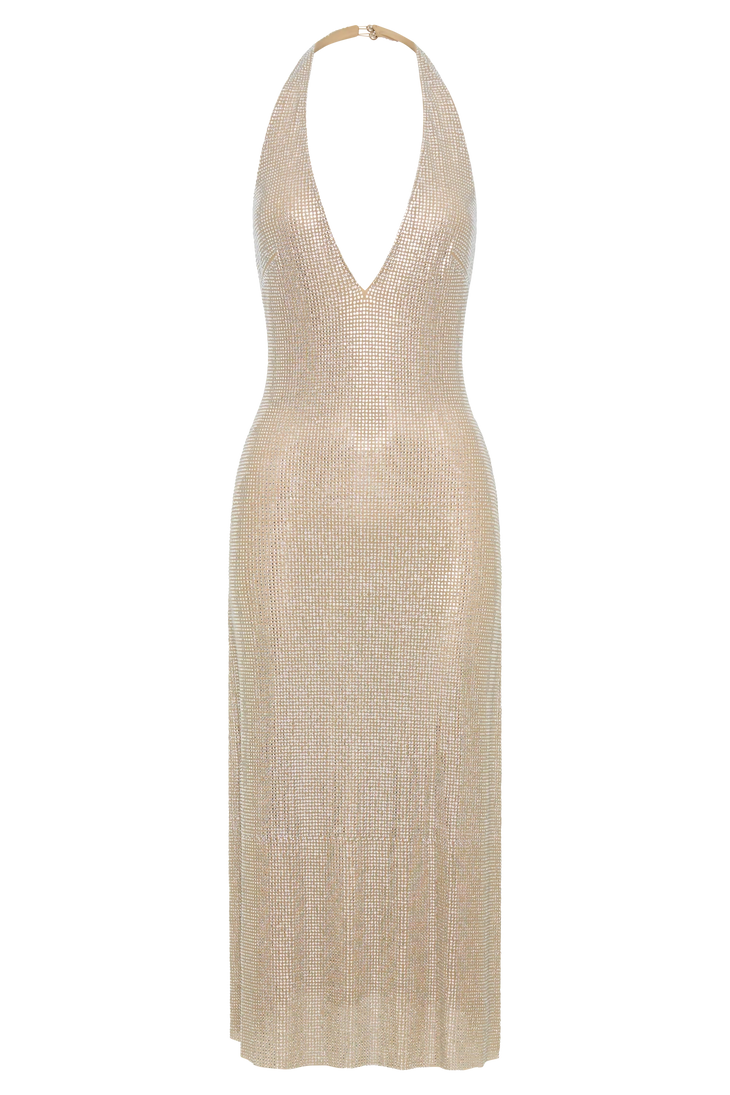 Champagne sequin halter midi dress with plunging neckline — Endless | Endless UAE