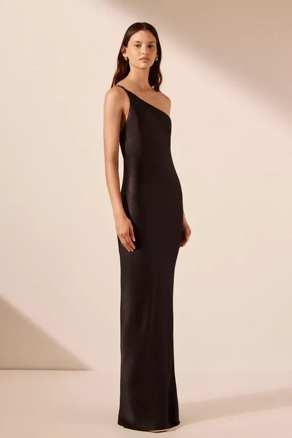 Elegant black one shoulder maxi dress with cowl back detail and sleek silhouette — Shona Joy | Endless UAE