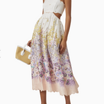 Zimmermann Jude Scallop Midi Dress with white bodice, floral print skirt, cutout waist and spaghetti straps — Zimmermann | Endless UAE