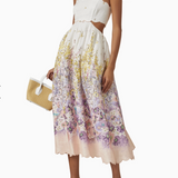 Zimmermann Jude Scallop Midi Dress with white bodice, floral print skirt, cutout waist and spaghetti straps — Zimmermann | Endless UAE