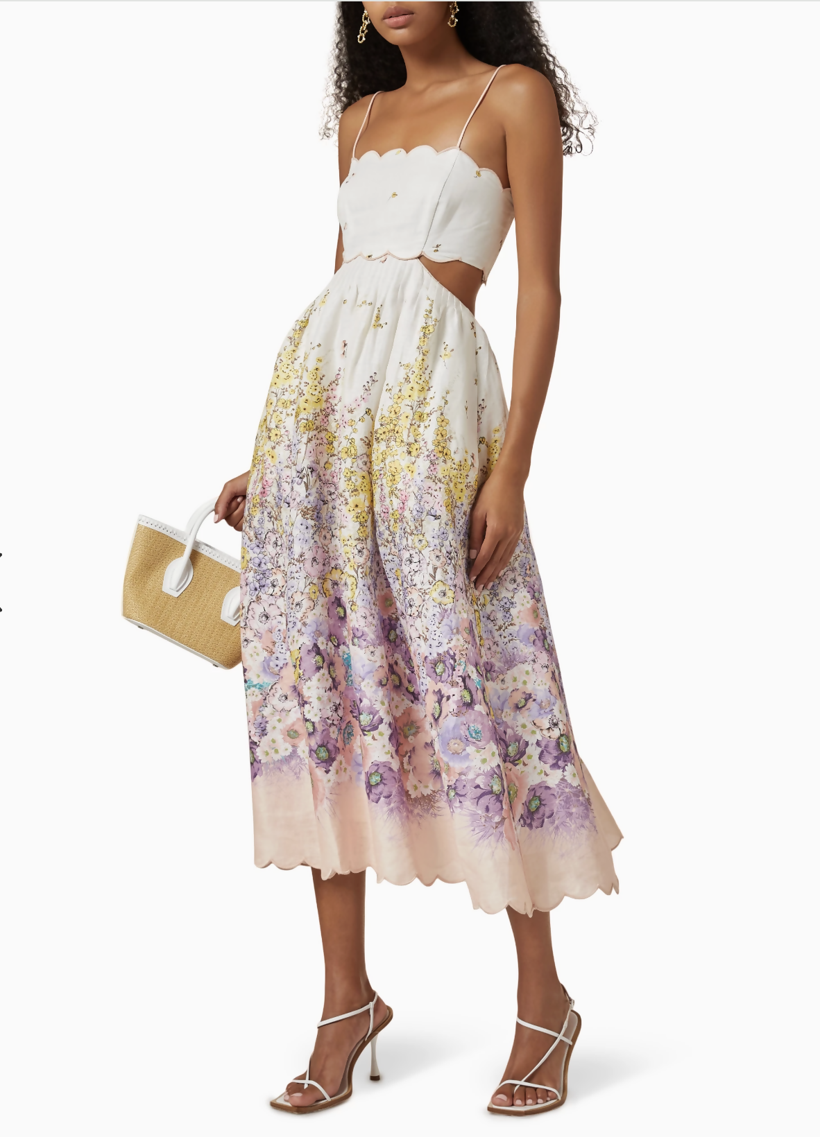 Zimmermann Jude Scallop Midi Dress with white bodice, floral print skirt, cutout waist and spaghetti straps — Zimmermann | Endless UAE