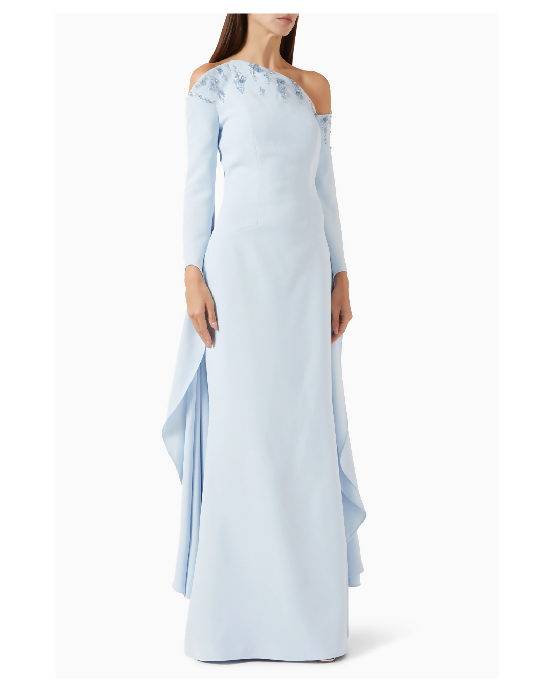 Elegant floor-length light blue gown with beaded neckline, off-shoulder design, and dramatic side draping detail — Heva | Endless UAE
