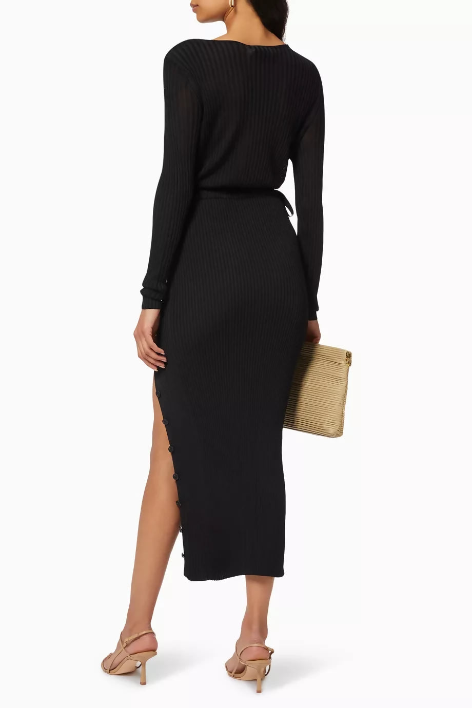 Black ribbed knit midi dress with cut-out details and side slit — Self-Portrait | Endless UAE