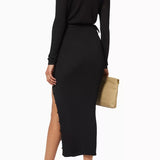 Black ribbed knit midi dress with cut-out details and side slit — Self-Portrait | Endless UAE