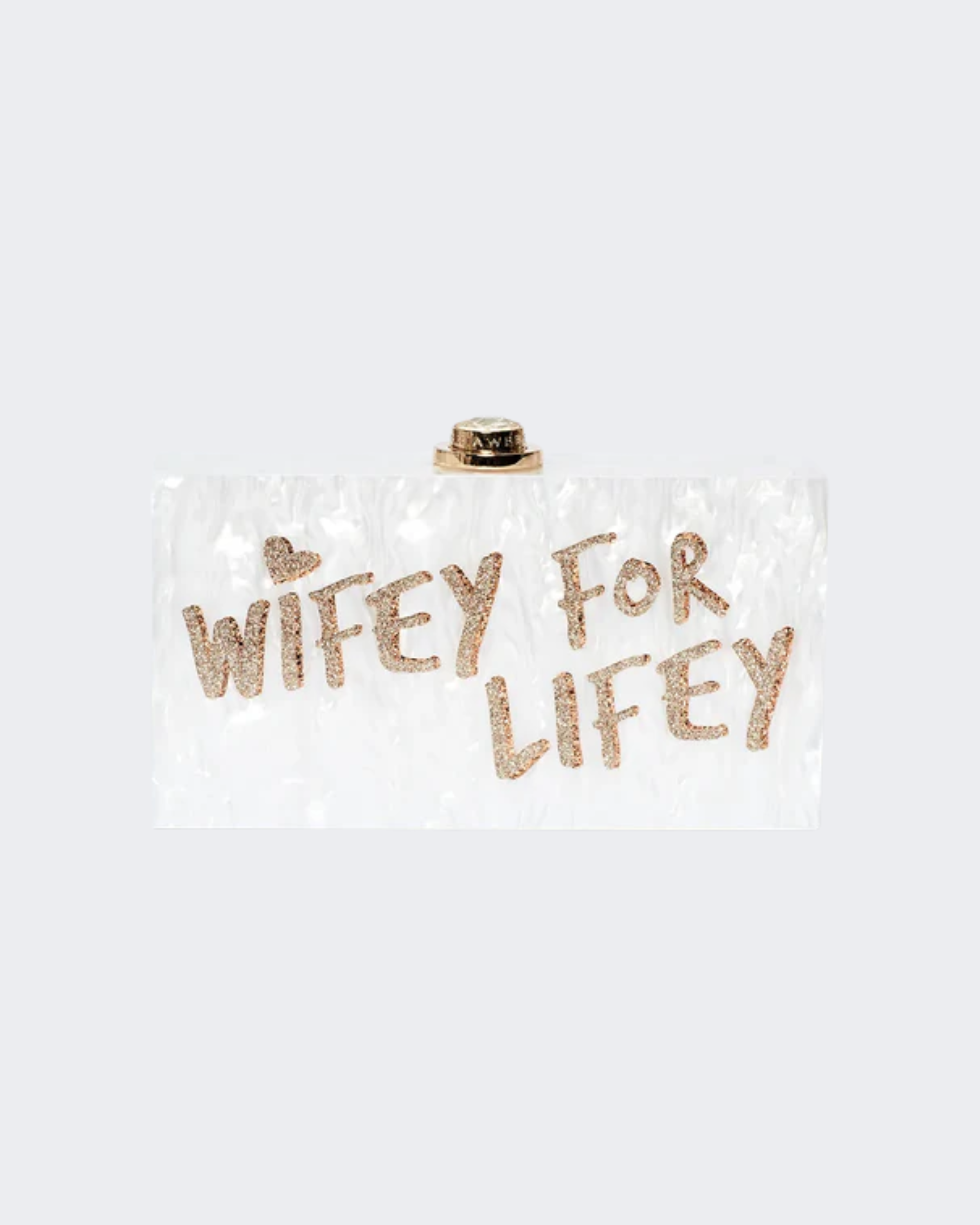 Wifey For Lifey clear clutch bag with gold glitter text and gold-tone hardware — Sophia Webster | Endless UAE