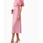 Pink puffed-sleeve sequin midi dress with gathered waist — Rotate Birger Christensen | Endless UAE