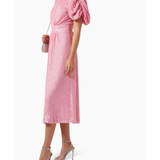 Pink puffed-sleeve sequin midi dress with gathered waist — Rotate Birger Christensen | Endless UAE