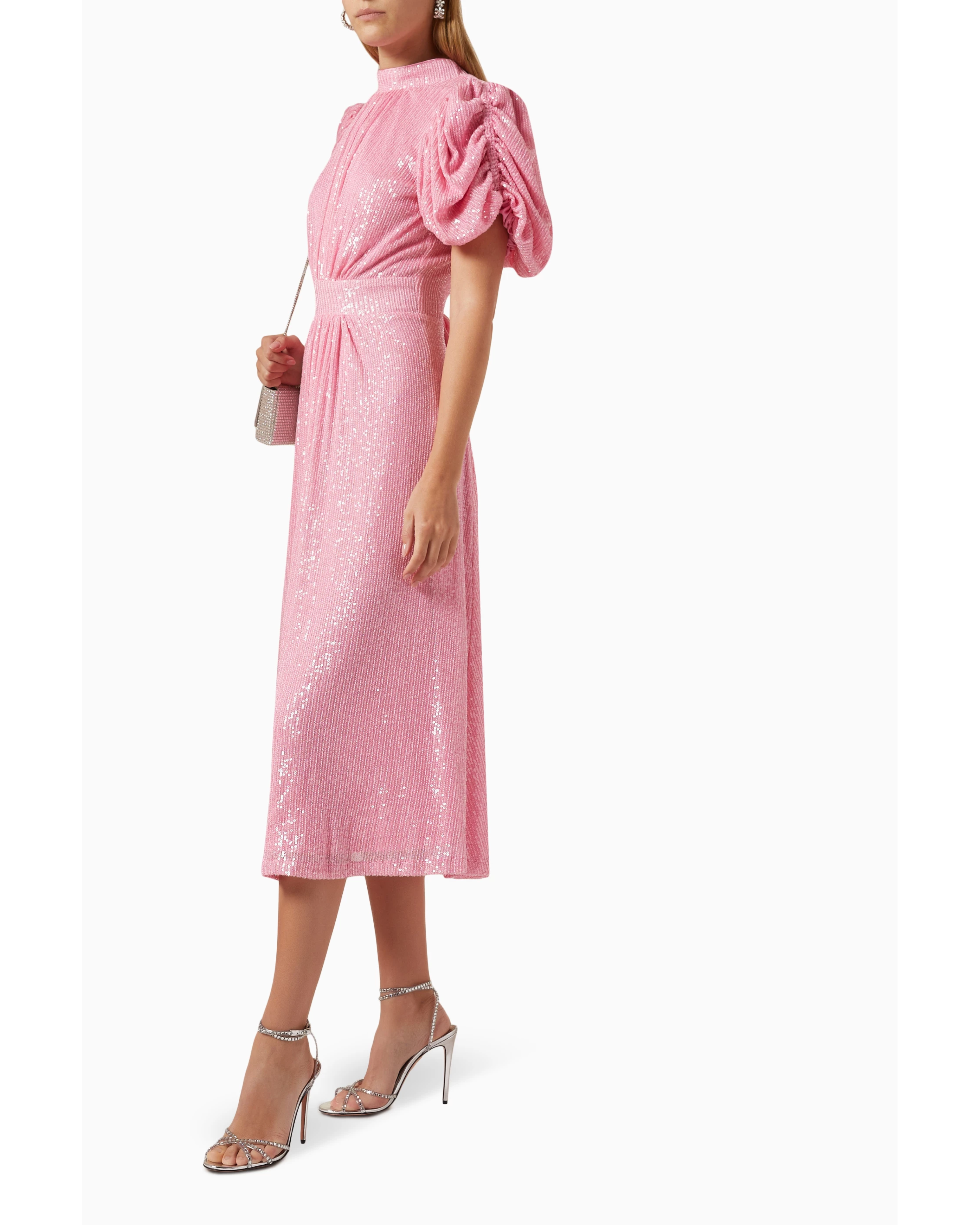 Pink puffed-sleeve sequin midi dress with gathered waist — Rotate Birger Christensen | Endless UAE