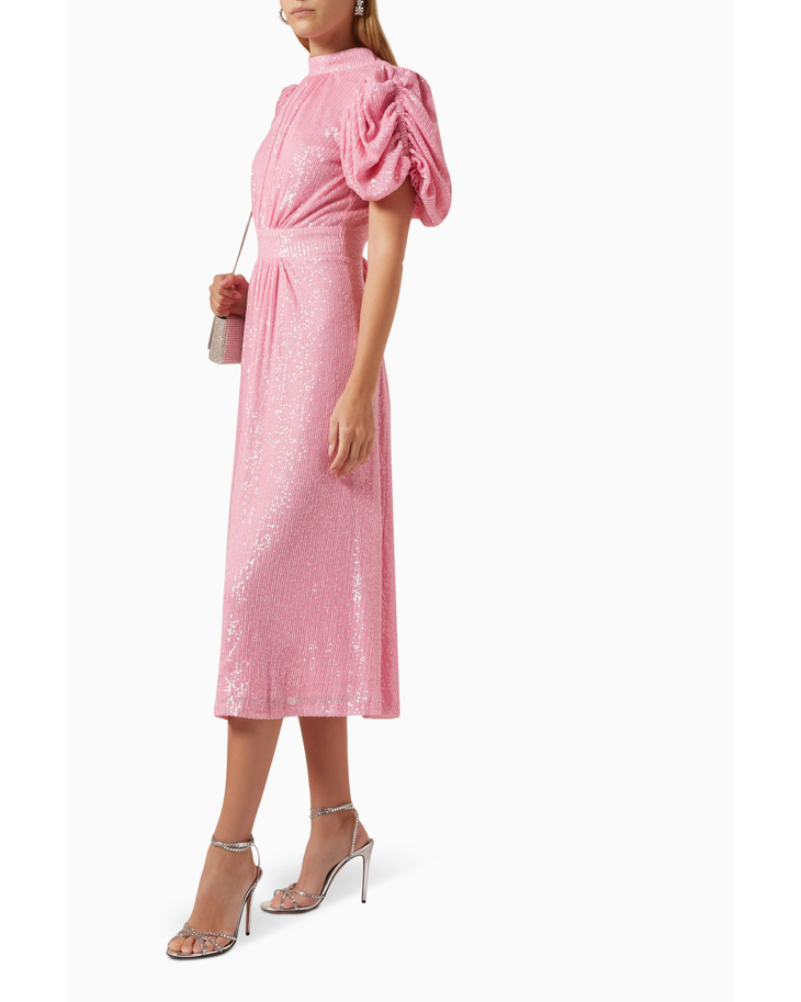 Pink puffed-sleeve sequin midi dress with gathered waist — Rotate Birger Christensen | Endless UAE