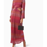 Shimmering pink ombré maxi dress with long sleeves and side cutouts, styled with heels and black clutch — Never Fully Dressed | Endless UAE