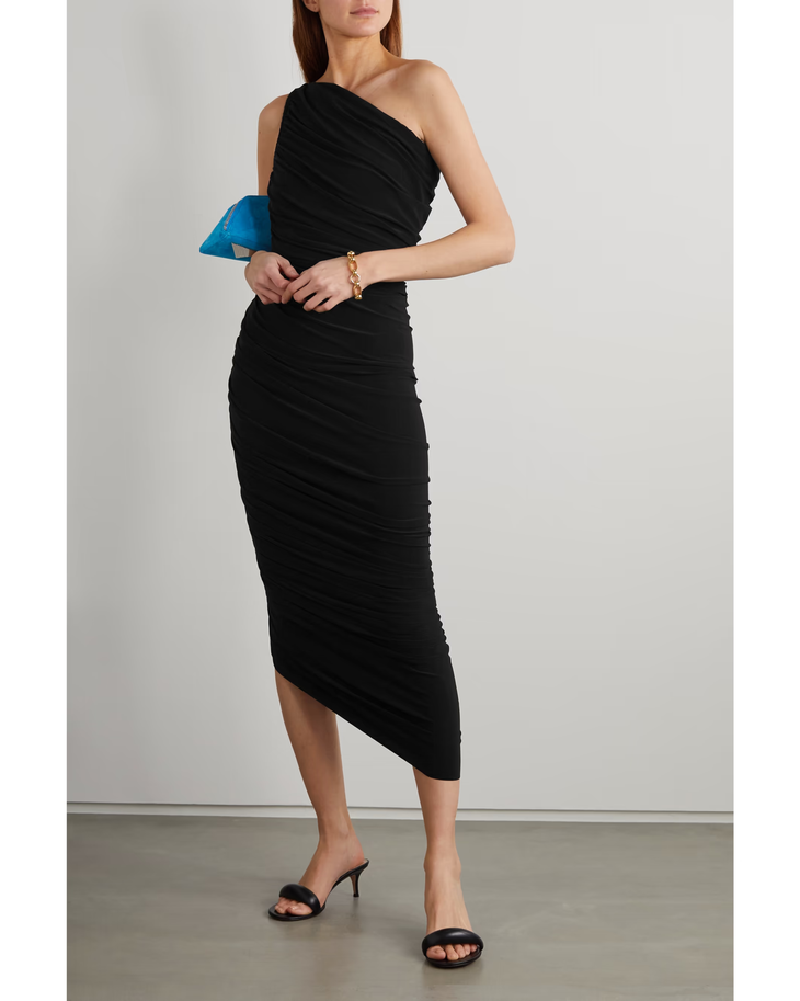Black one-shoulder ruched jersey gown with blue clutch — Norma Kamali | Endless UAE