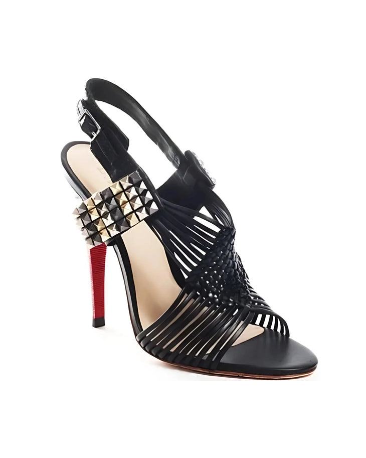 Black strappy heels with studded and pleated details, red heel accent — L.A.M.B. | Endless UAE