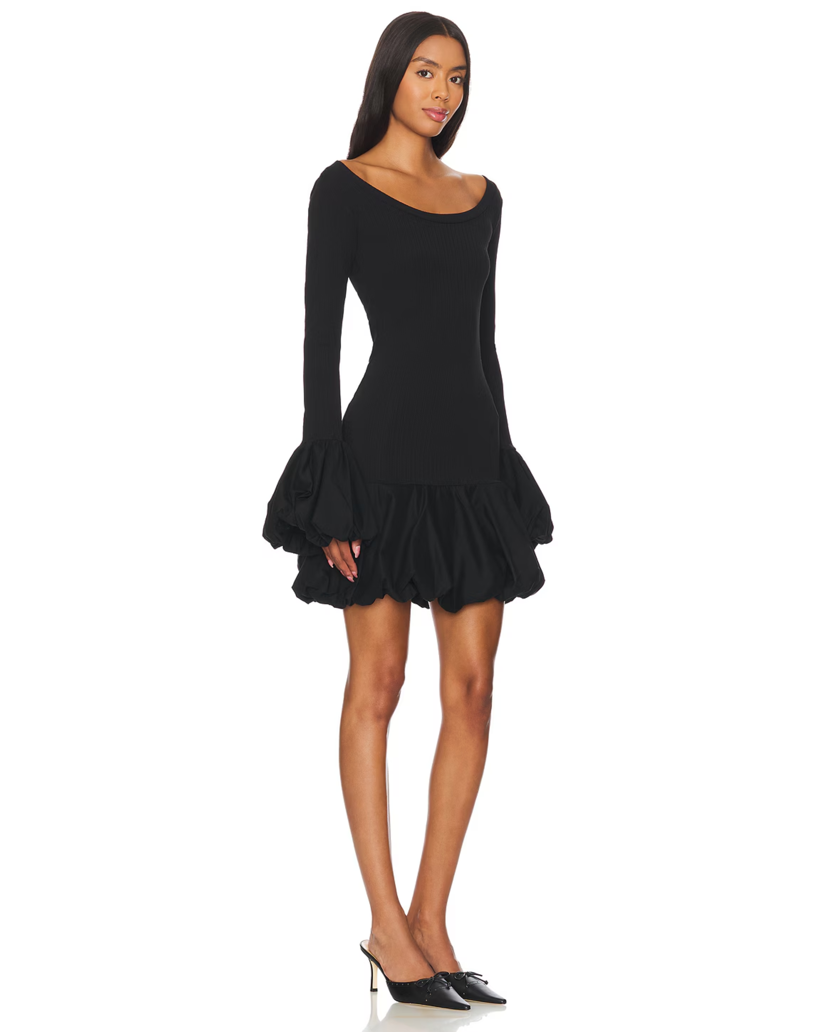 Black balloon contrast knit dress with long sleeves and ruched hem — Aaizel | Endless UAE