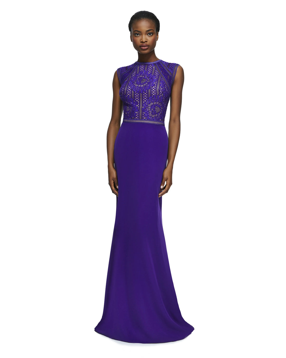 Cassidy Gown in royal purple with lace bodice and sleeveless design — Tadashi Shoji | Endless UAE