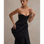 Elegant black strapless corset maxi dress with sweetheart neckline and draped detailing — Club L London | Endless UAE