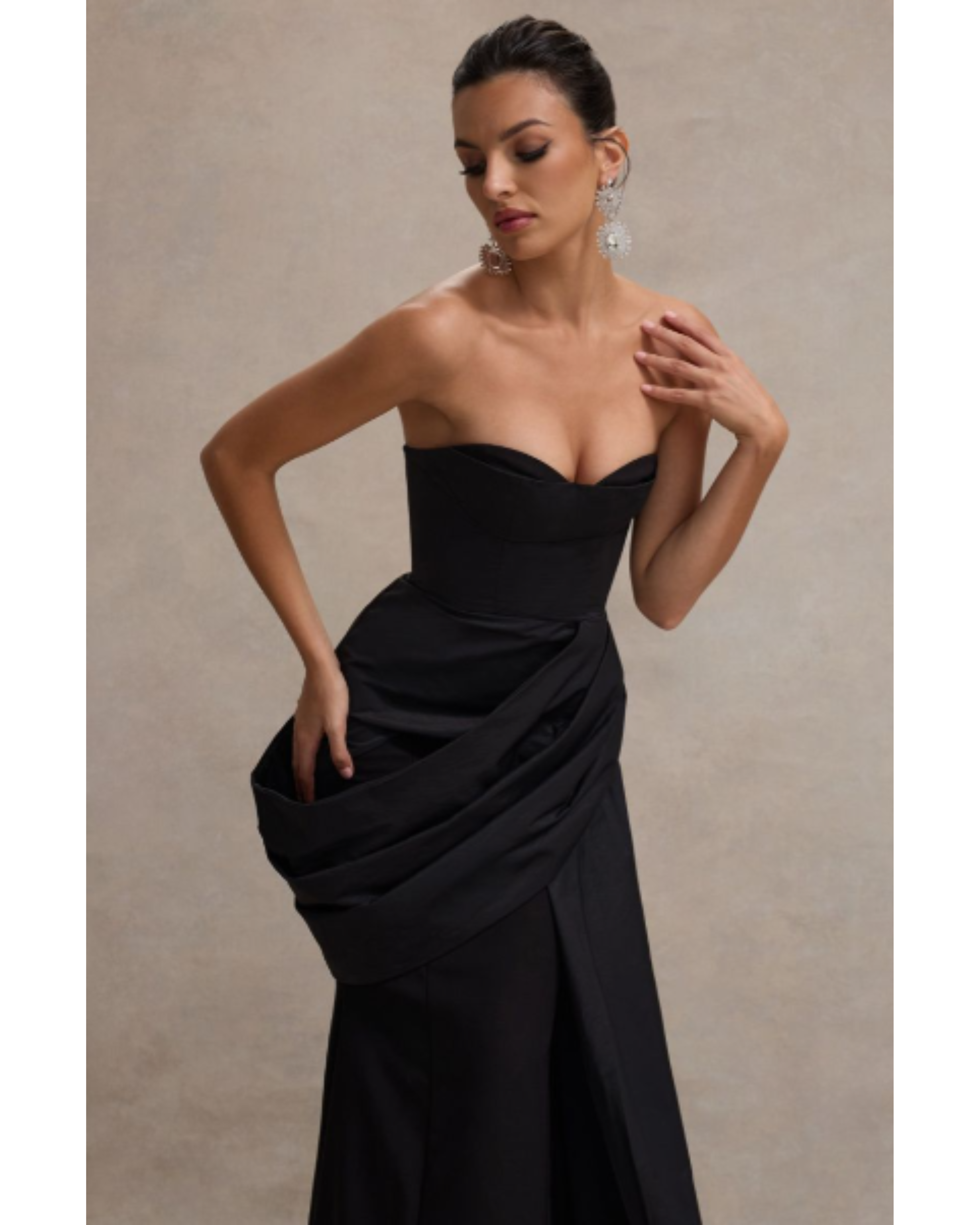 Elegant black strapless corset maxi dress with sweetheart neckline and draped detailing — Club L London | Endless UAE