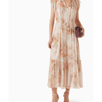 Floral print flutter midi dress in soft peach tones with ruched neckline and tiered skirt — Zimmermann | Endless UAE