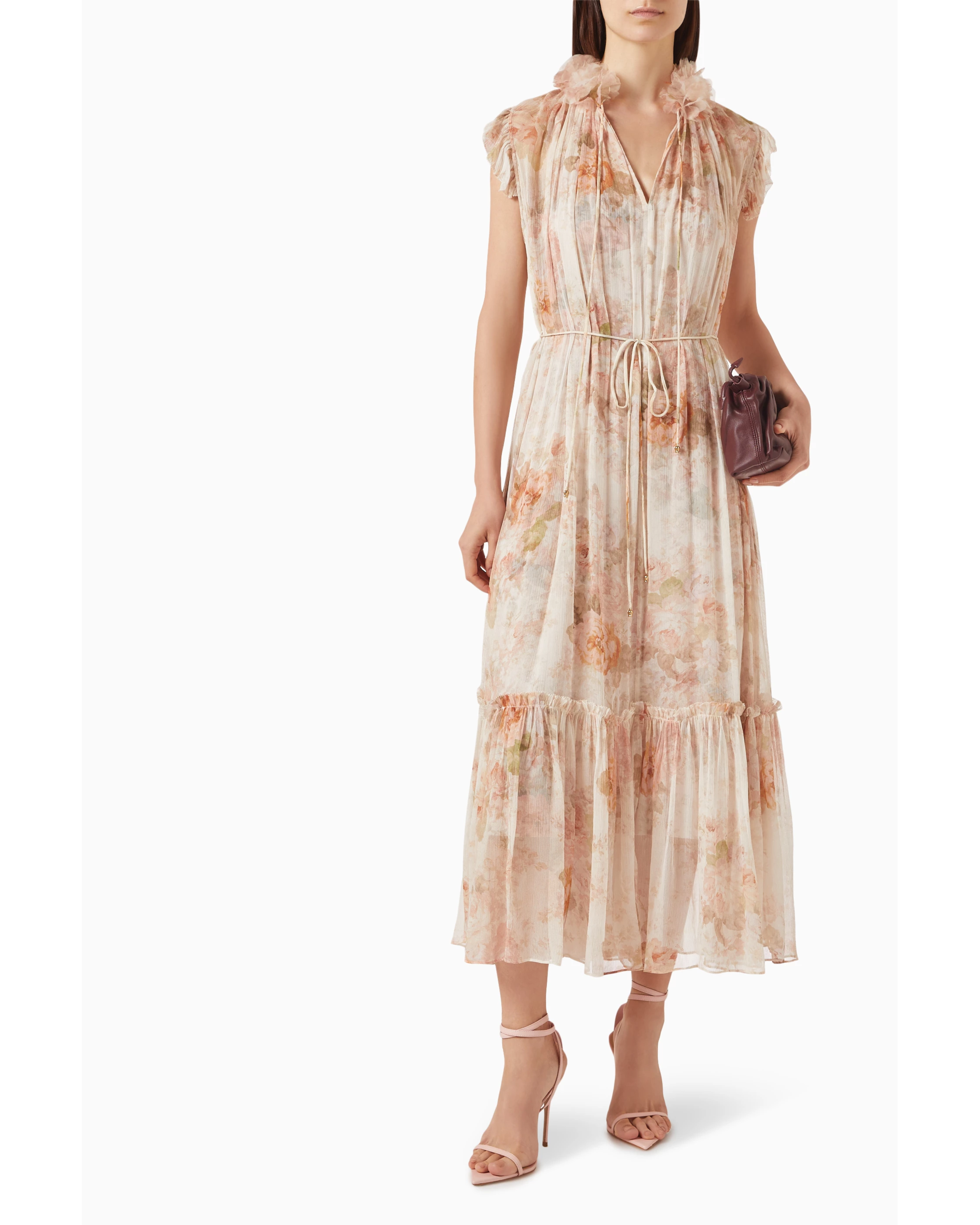 Floral print flutter midi dress in soft peach tones with ruched neckline and tiered skirt — Zimmermann | Endless UAE