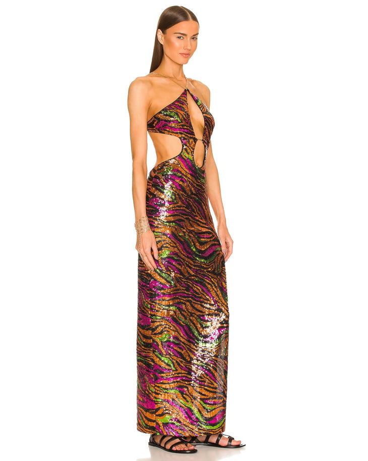 Multicolor sequin halter maxi dress with cutout details and high slit — Dundas | Endless UAE