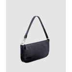Black crocodile embossed leather shoulder bag held in hand against white background — By Far | Endless UAE