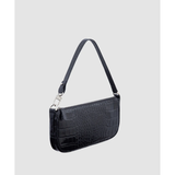 Black crocodile embossed leather shoulder bag held in hand against white background — By Far | Endless UAE