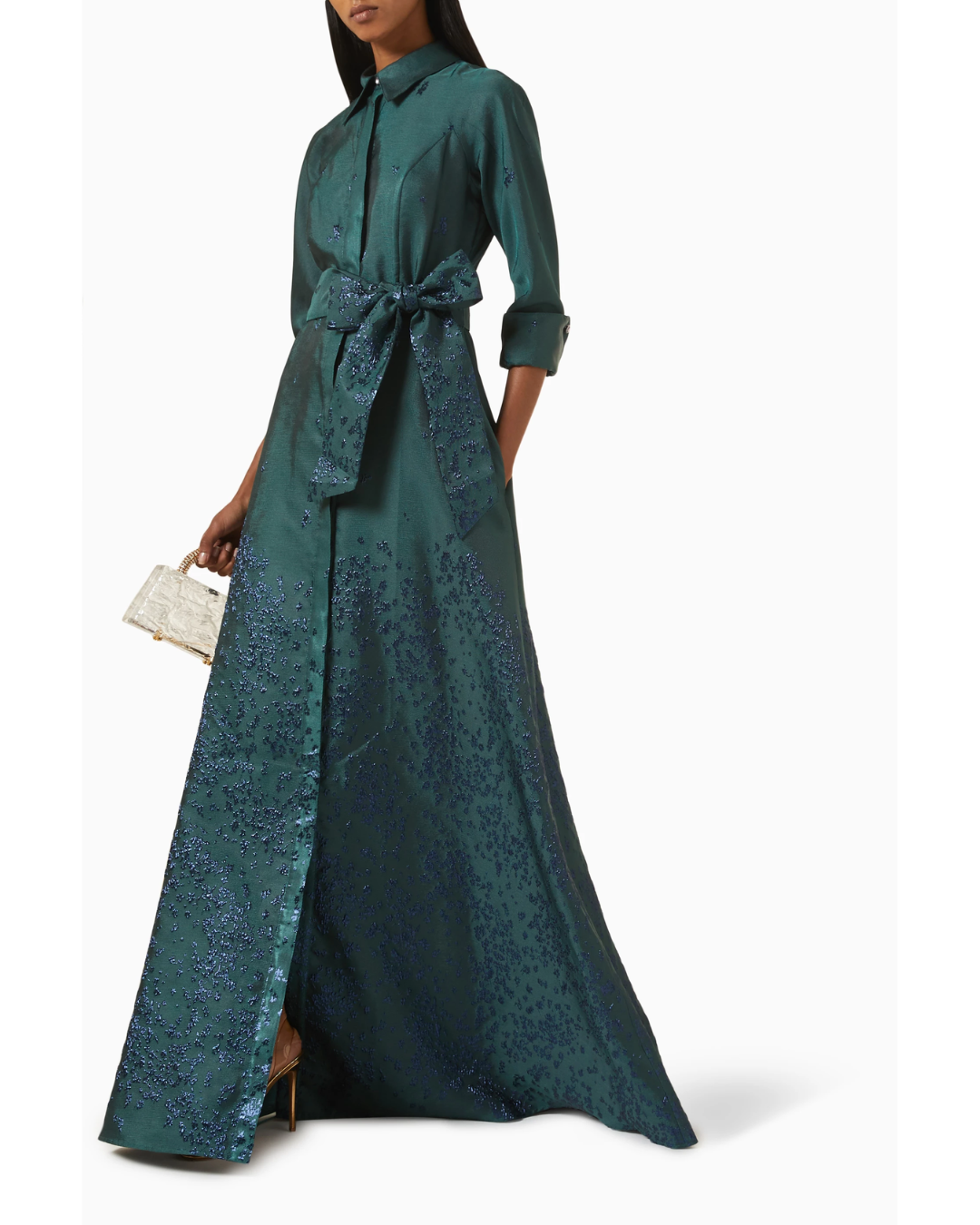 Emerald green belted shirt dress with floral embellishment detail — Teri Jon | Endless UAE