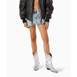 Silver crackled leather western-style cowboy boot with black heel and decorative stitching — Schutz | Endless UAE